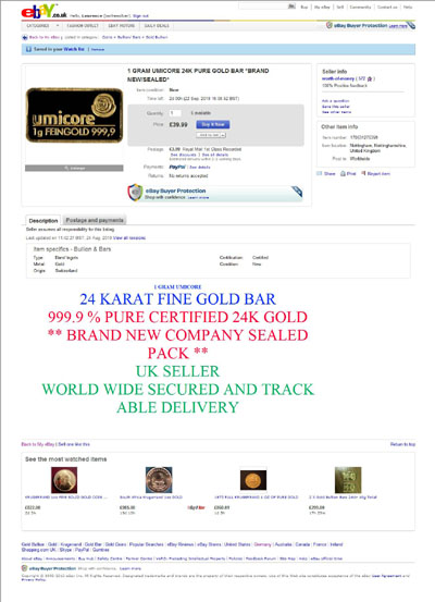 worth-of-money eBay Listing Using our One Gram Umicore Gold Bar Photograph